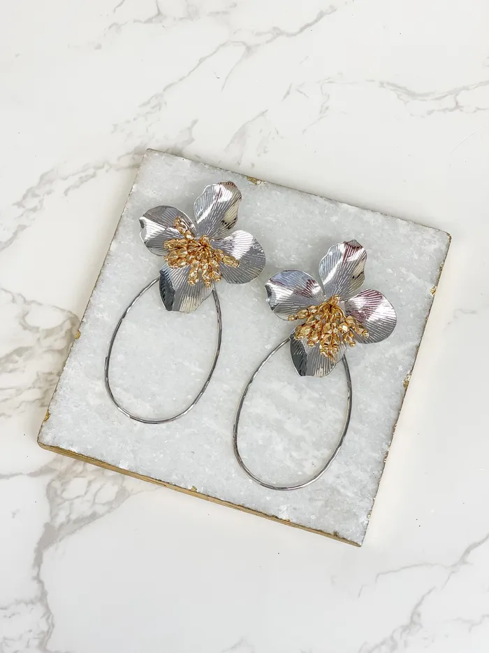 Earrings Prep Obsessed MONT Oval Flower Statement Dangle Earrings Silver