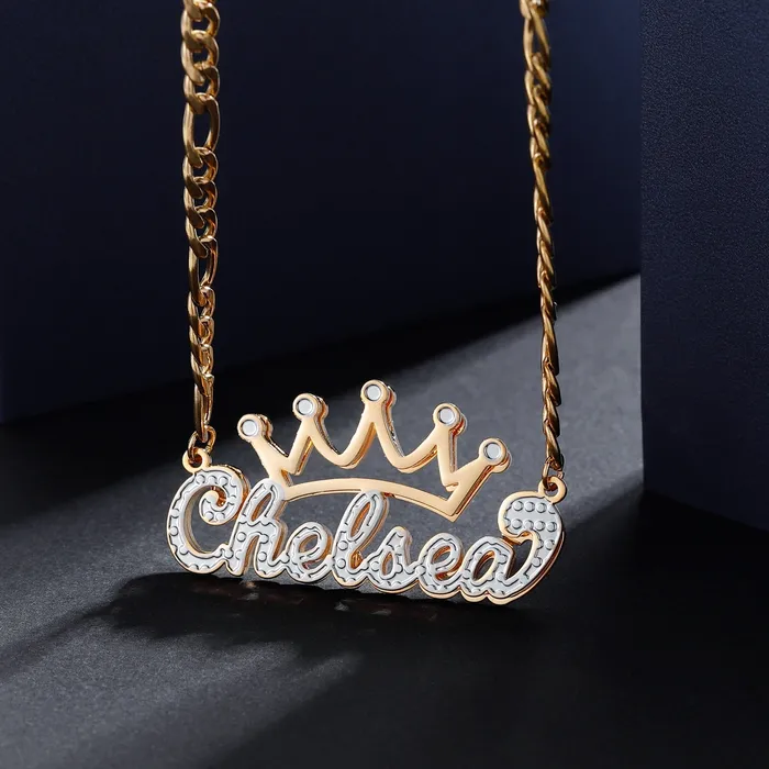 Novalico Necklaces Two Tone Cursive Crown Name Necklace