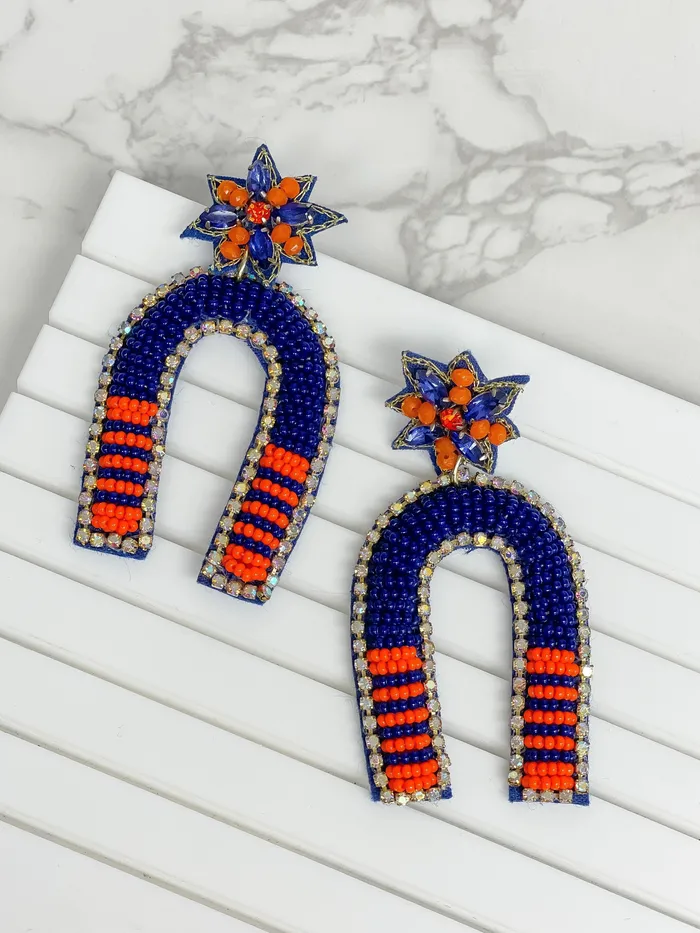 Prep Obsessed TL Earrings Game Day Beaded Arch Dangle Earrings Navy Orange Prep Obsessed TL Earrings Game Day Beaded Arch Dangle Earrings Navy Orange