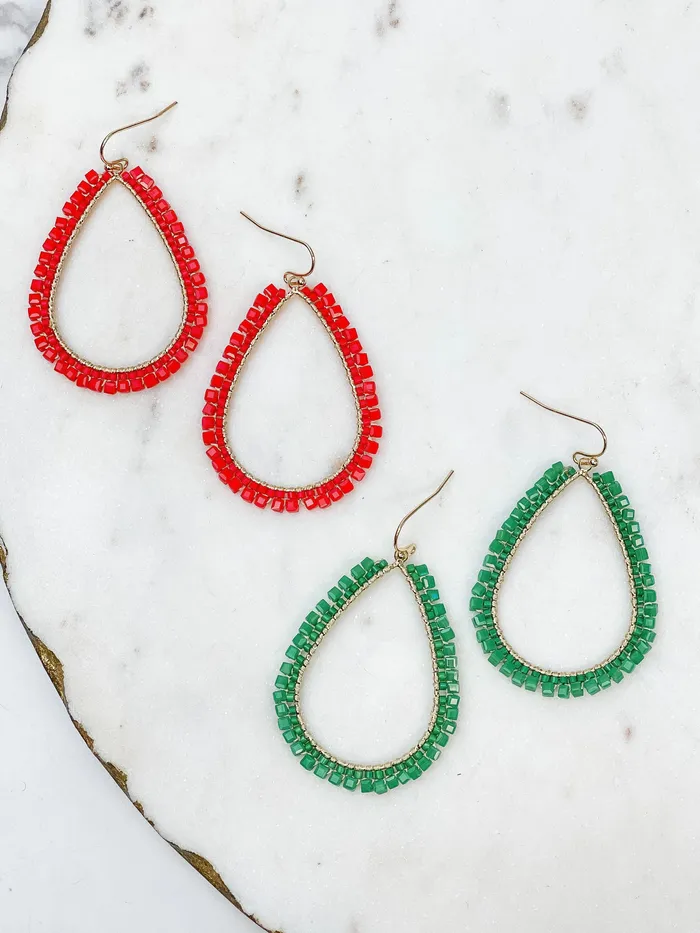 Shiny Bead Holiday Gold Teardrop Dangle Earrings Red Prep Obsessed CT Earrings