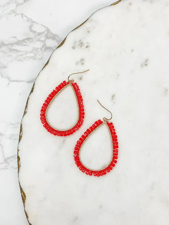 Shiny Bead Holiday Gold Teardrop Dangle Earrings Red Prep Obsessed CT Earrings