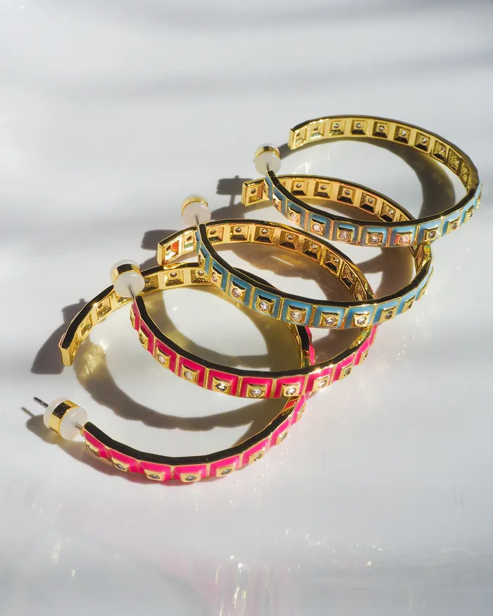 Luv Aj Earrings XL Pyramid Stud Hoops Hot Pink Gold Luv Aj Earrings XL Pyramid Stud Hoops Hot Pink Gold