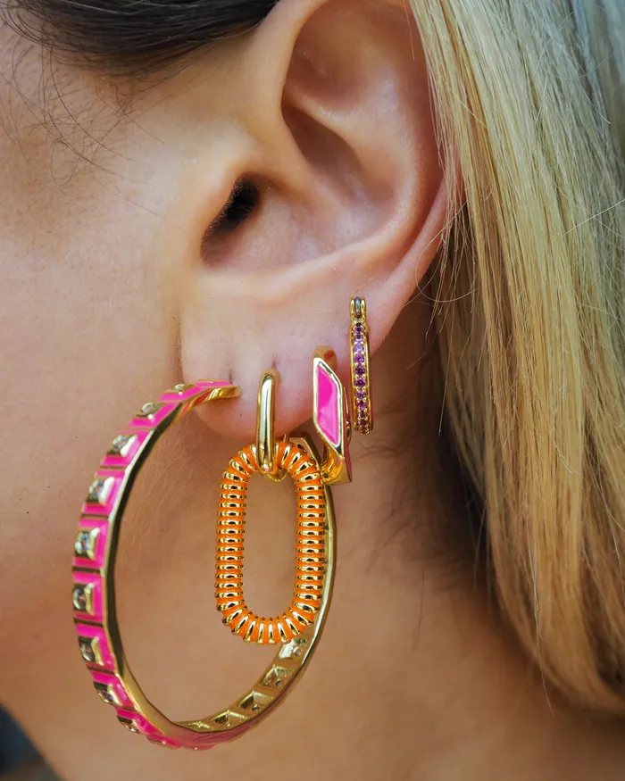 Luv Aj Earrings XL Pyramid Stud Hoops Hot Pink Gold Luv Aj Earrings XL Pyramid Stud Hoops Hot Pink Gold