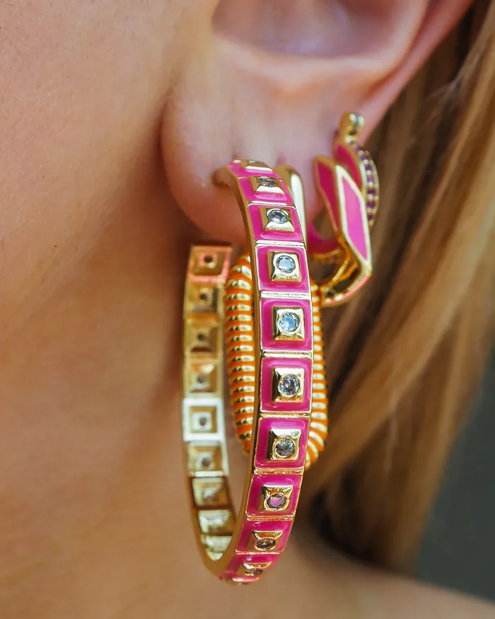 Luv Aj Earrings XL Pyramid Stud Hoops Hot Pink Gold Luv Aj Earrings XL Pyramid Stud Hoops Hot Pink Gold