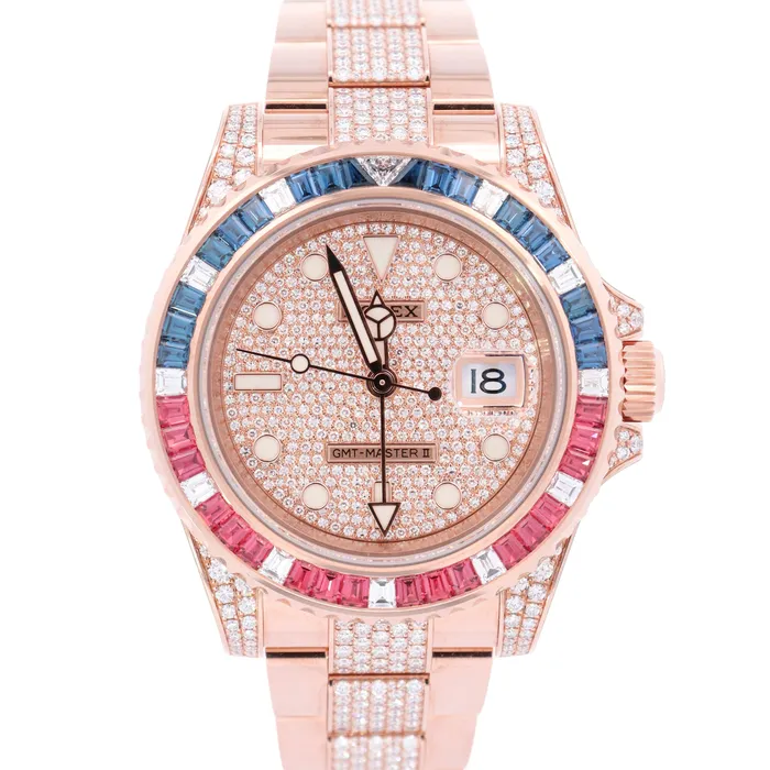 Happy Jewelers Watches Rolex GMT Master II 40mm Rose Gold Factory Pave Diamond Dial Watch Reference 126755SARU Happy Jewelers Watches Rolex GMT Master II 40mm Rose Gold Factory Pave Diamond Dial Watch Reference 126755SARU