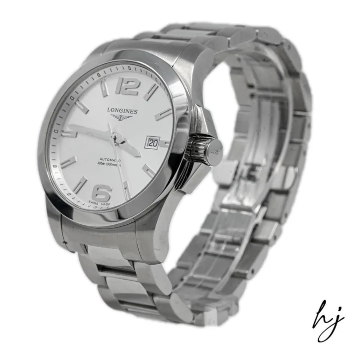 Longines Mens Conquest Stainless Steel 41mm Silver Stick Dial Watch Reference L36774766 Happy Jewelers Bracelets