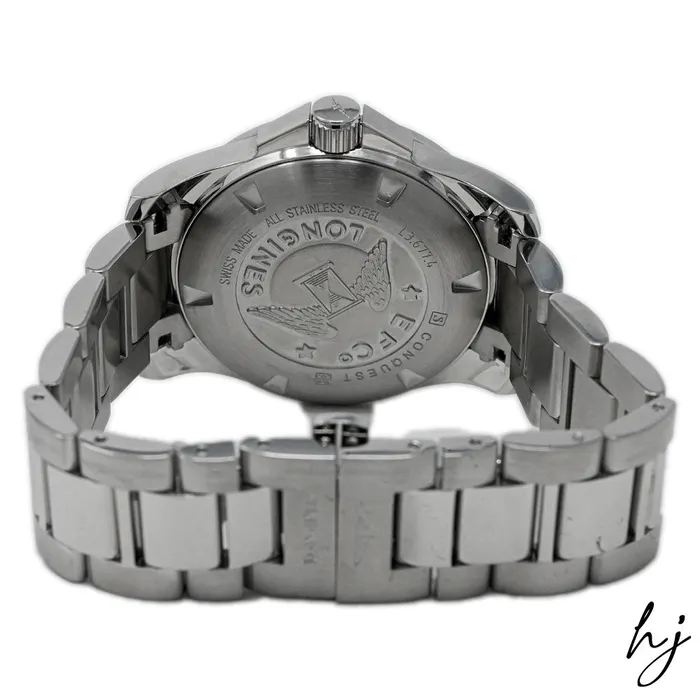 Longines Mens Conquest Stainless Steel 41mm Silver Stick Dial Watch Reference L36774766 Happy Jewelers Bracelets