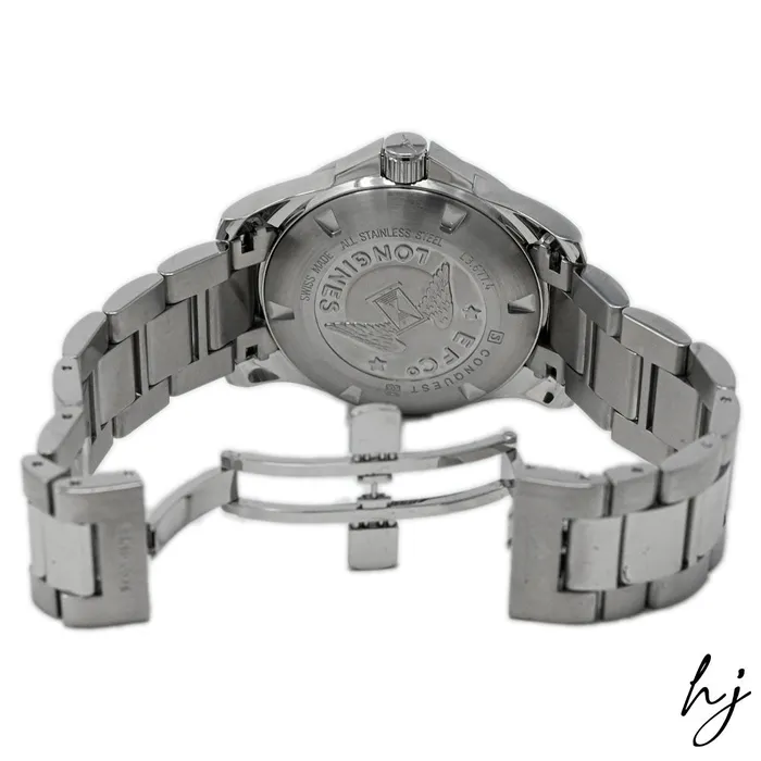 Longines Mens Conquest Stainless Steel 41mm Silver Stick Dial Watch Reference L36774766 Happy Jewelers Bracelets