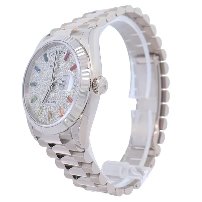 Watches Happy Jewelers Rolex DayDate 36mm White Gold Factory Pave Dial Watch Reference 128239